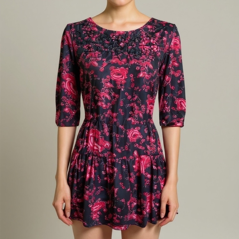 Free People Womens Black‎ Red Floral Tiered Mini Dress Small